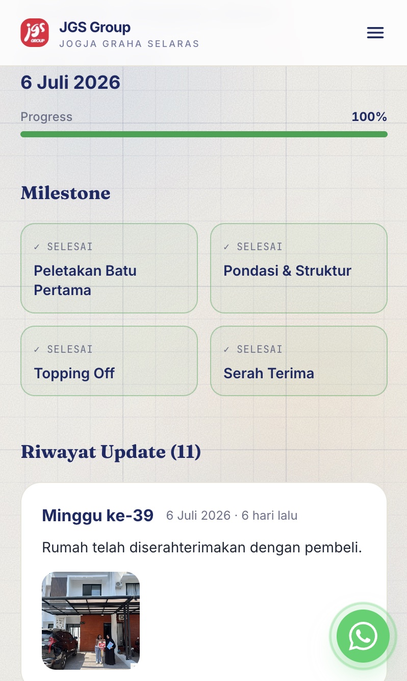Tampilan milestone pembangunan di JGS Progress Dashboard: peletakan batu pertama, pondasi, topping off, hingga serah terima