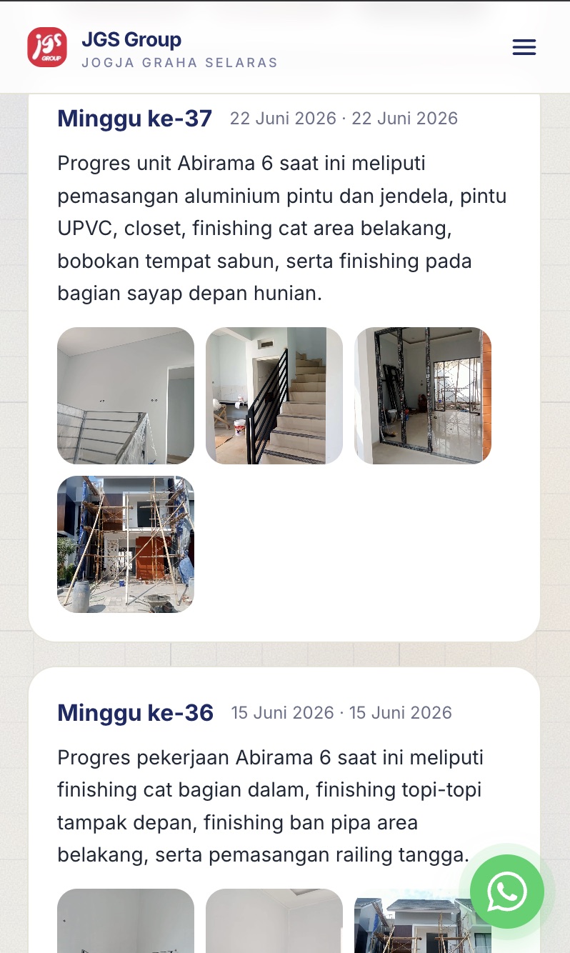 Riwayat update mingguan di JGS Progress Dashboard, lengkap dengan foto kondisi asli unit tiap minggu