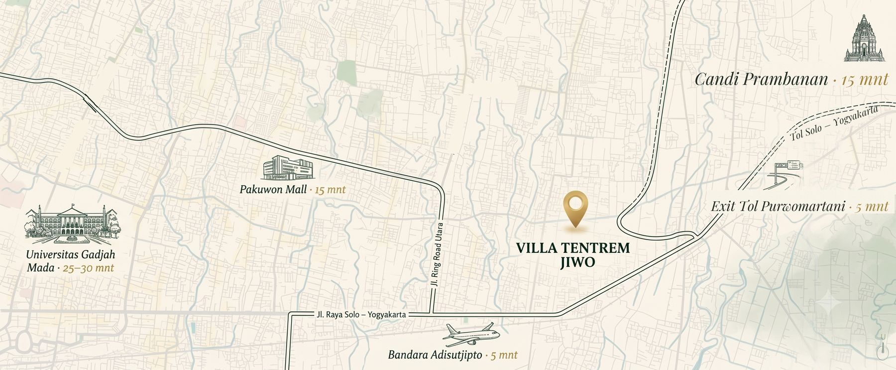 Peta lokasi Villa Tentrem Jiwo — bandara, tol, Prambanan