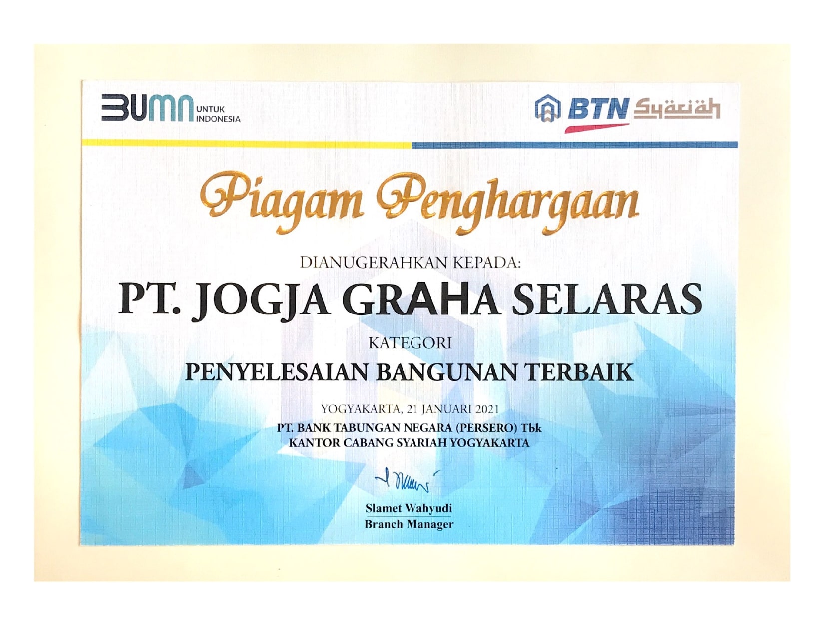 Sertifikat Penyelesaian Bangunan Terbaik